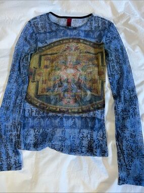 Y2K Just In Time USA Graphic sheerMesh Top Buddha Asian script printed intricate